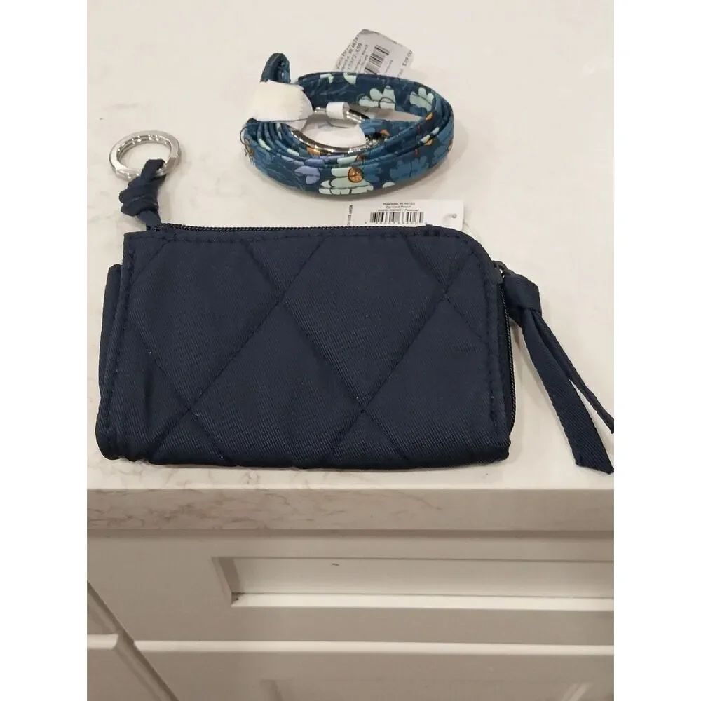 NEW Vera Bradley Quilted Navy Wristlet with Floral  Lanyard .